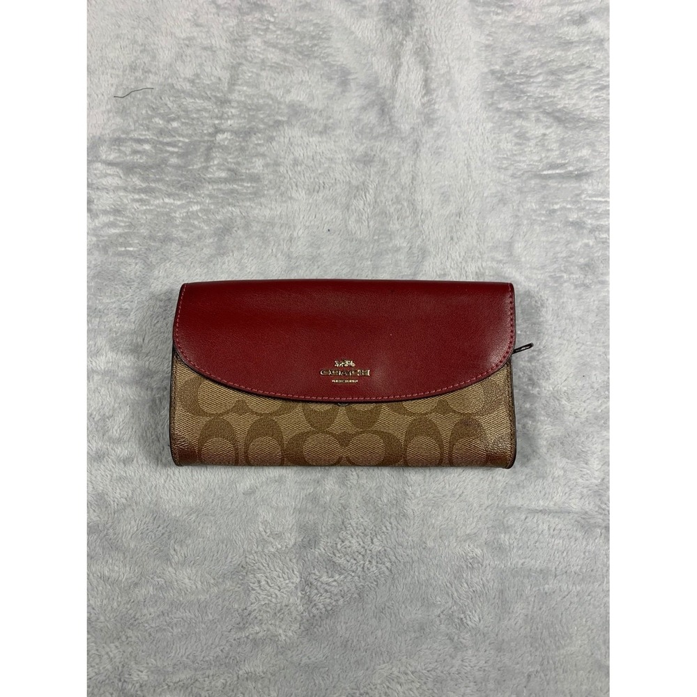Coach Wyn Soft Wallet Signature Canvas Red Leather Large Slim Tri-Fold Used